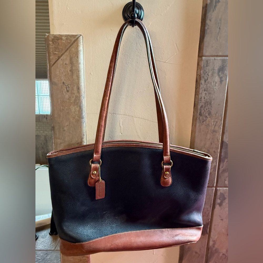 Vintage 90s Coach Black and Brown Leather Tote Bag